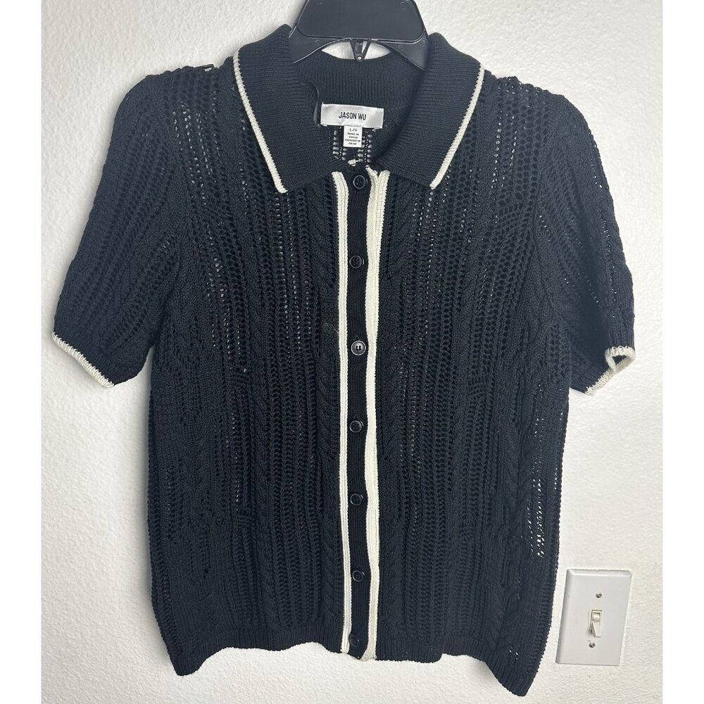 Jason Wu Black Crocheted Cable Knit Button-Down Shirt Size L - Picture 8 of 11